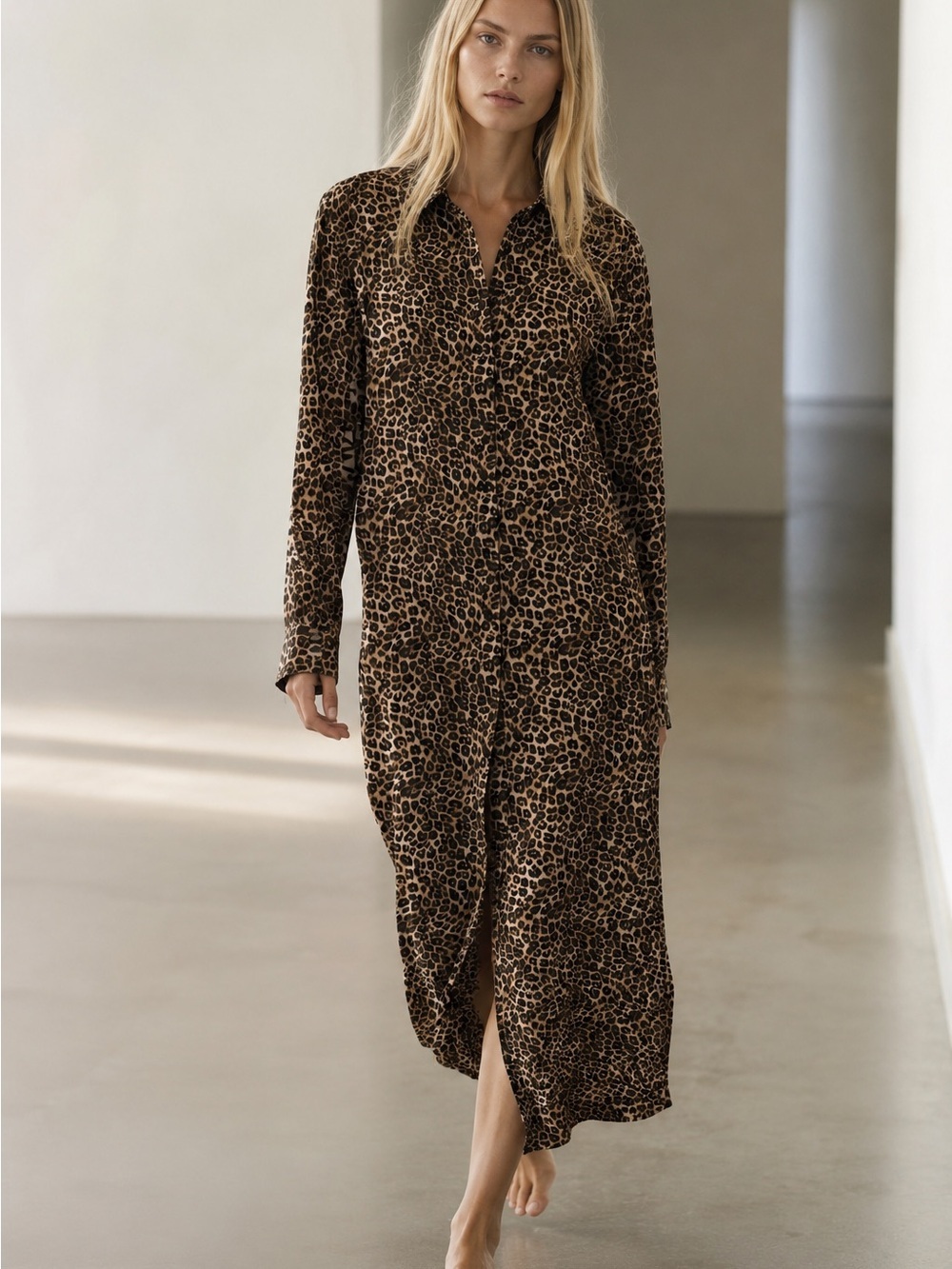 THE KOOPLES 100% Silk Leopard Print Maxi Shirt Dress NWT FR 1 / S